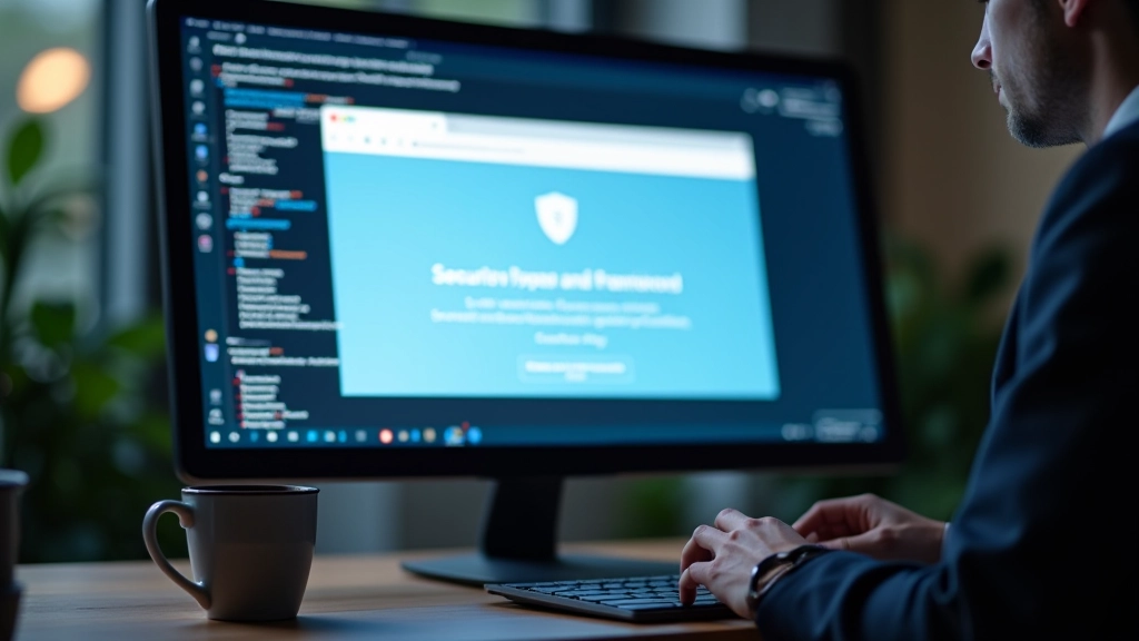 Datora ekrāns ar aizardzības simboliem un paziņojumiem, darba virsma ar kafijas tasi