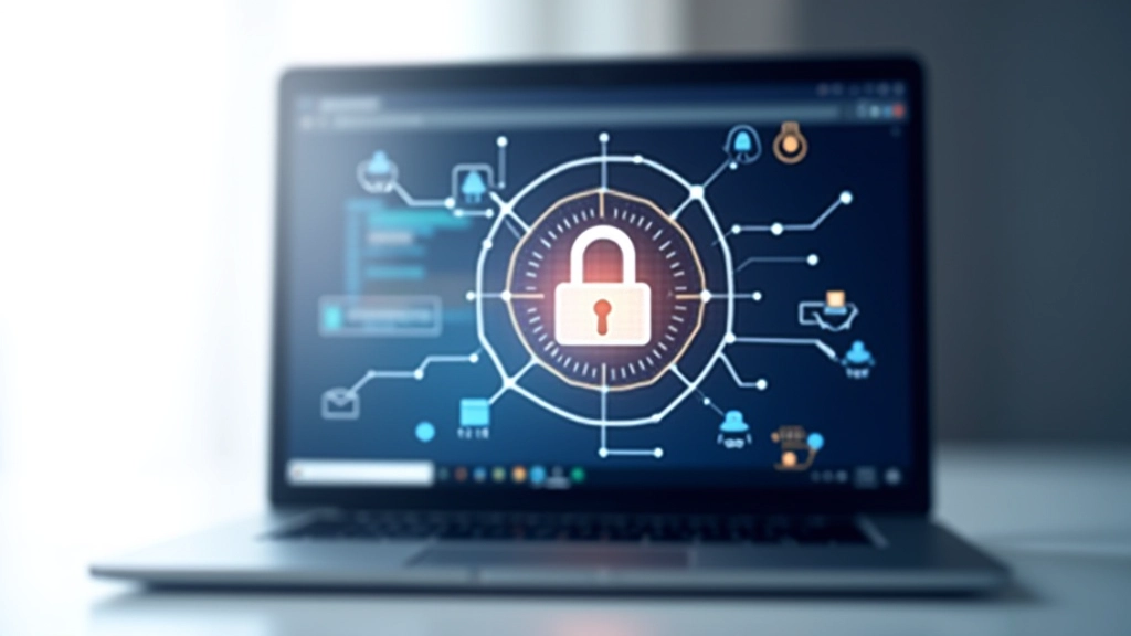 Digitālā seifa ikona ar spīdošu slēdzeni, datora ekrāns fona tiesa, kiberdrošības simboli