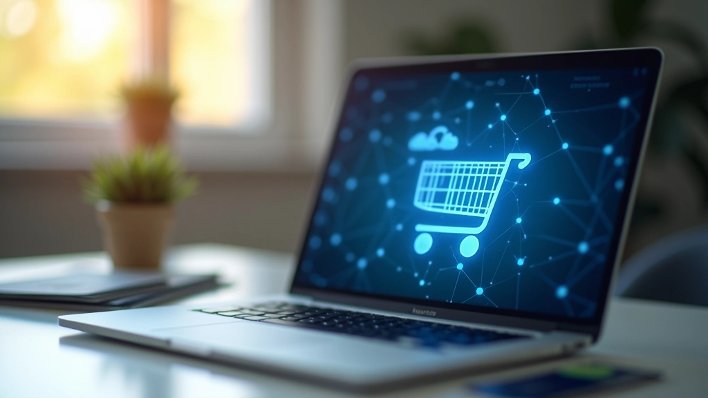 Klēpjdators ar iepirkumu grozu uz ekrāna, kredītkarte un zamka simbols redzams