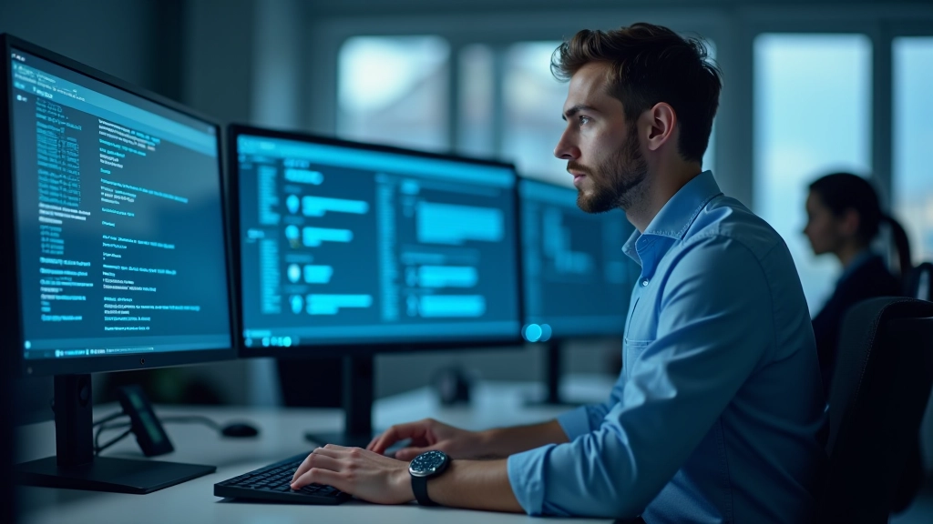 Kiberdrošības speciālists darbā ar drošības monitoriem