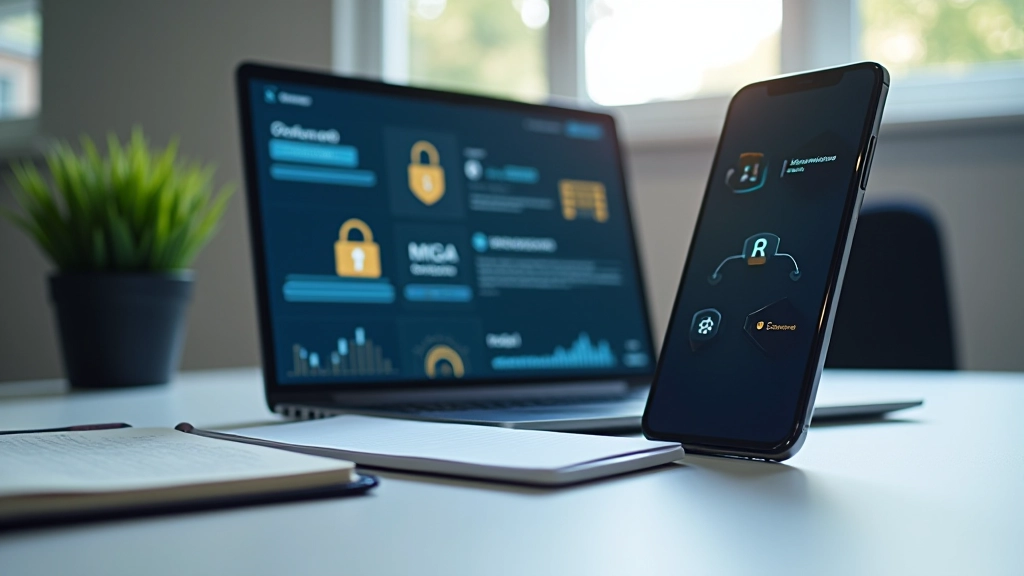 Modernu datoru un viedtālruņu ekrāns ar drošības simboliem, rakstustabula ar piezīmēm