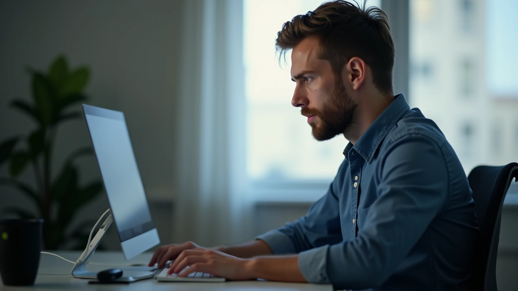 Persona skatās uz datora ekrānu ar skeptisku izteiksmi, biroja vide ar vēlti