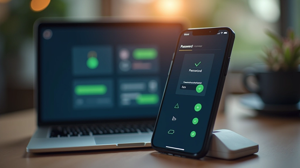 Viedtālrunis un klēpjdators ar paroļu pārvaldnieka lietotni ekrānā, sinhronizācijas ikona starp tiem, drošības simboli